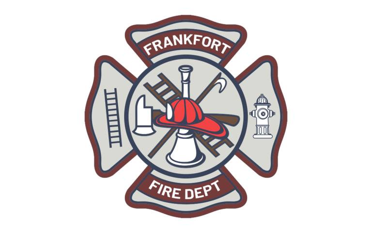 Logo of the Frankfort Fire Dept features a Maltese cross with icons of firefighting equipment: a ladder, axe, fire hydrant, and trumpet. A red firefighter helmet is centered above the trumpet.