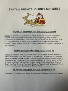 A holiday event flyer titled "Santa & Friend’s Journey Schedule" with a cartoon Santa in a sleigh pulled by a reindeer. Below are dates, times, and detailed route descriptions for Santa's visits on December 18–20, 2025.